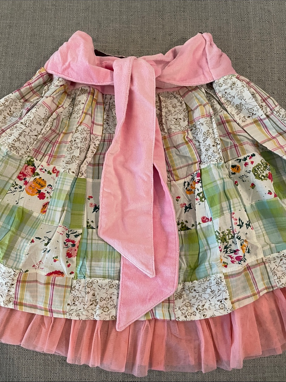 Raj Pink Patchwork Tiered Skirt with Floral Panels and Pink Velvet Bow